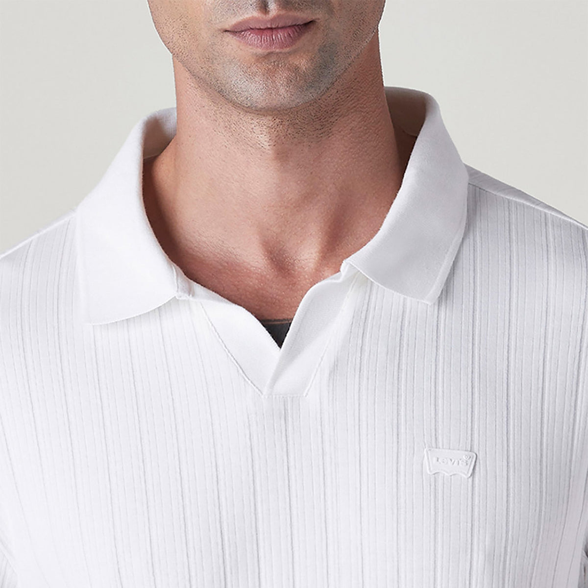 MEN'S TEXTURED WHITE RIBBED POLO T SHIRT - WHITE