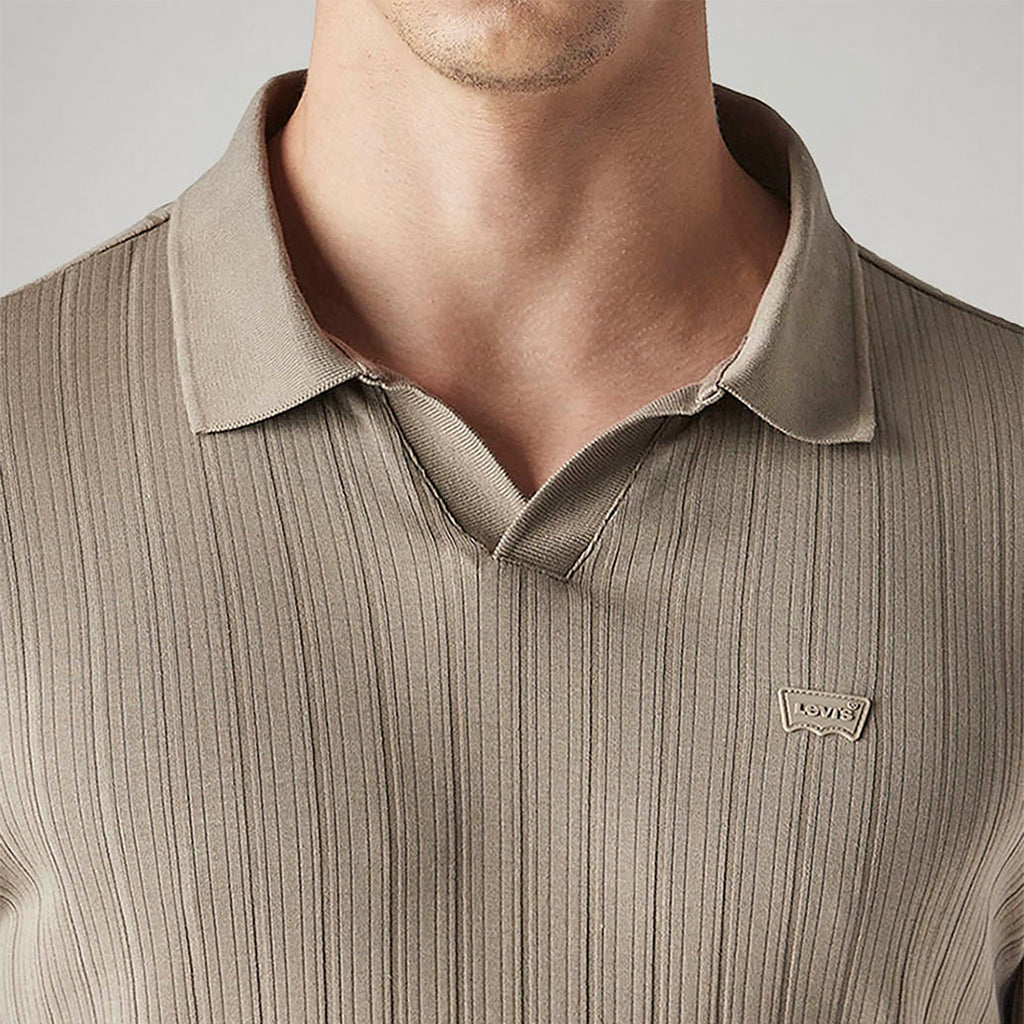MEN'S TEXTURED KHAKI RIBBED POLO T-SHIRT - BROWN