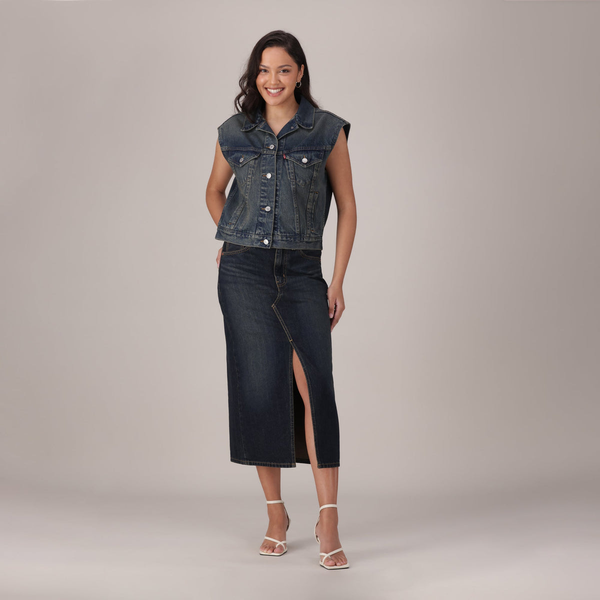 LEVI'S® WOMEN'S DECONSTRUCTED SLIT MIDI SKIRT - DARK INDIGO - WORN IN