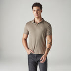 MEN'S TEXTURED KHAKI RIBBED POLO T-SHIRT - BROWN