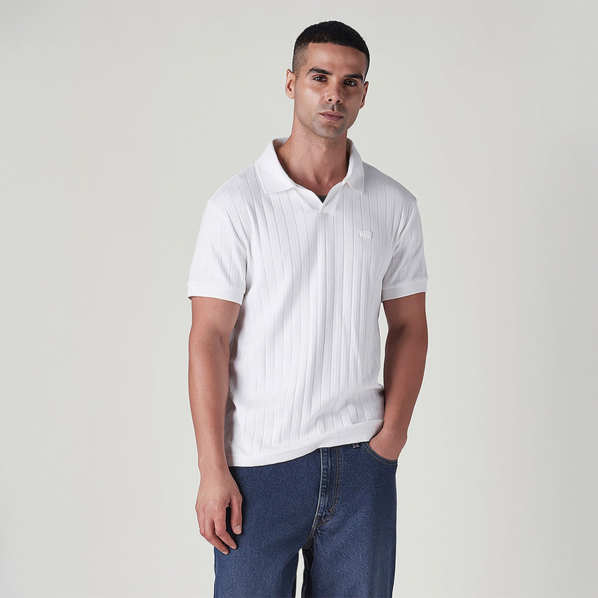MEN'S TEXTURED WHITE RIBBED POLO T SHIRT - WHITE