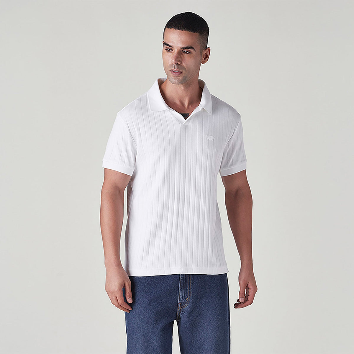 MEN'S TEXTURED WHITE RIBBED POLO T SHIRT - WHITE