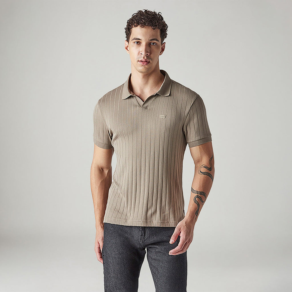 MEN'S TEXTURED KHAKI RIBBED POLO T-SHIRT - BROWN